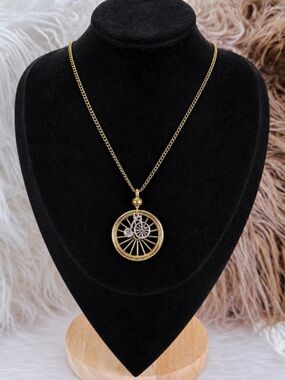 Brass-tone, bicycle wheel, charm pendant, long costume necklace